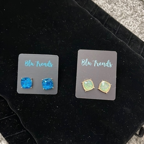 Blue or Iridescent Square Post Earrings - Picture 2 of 6